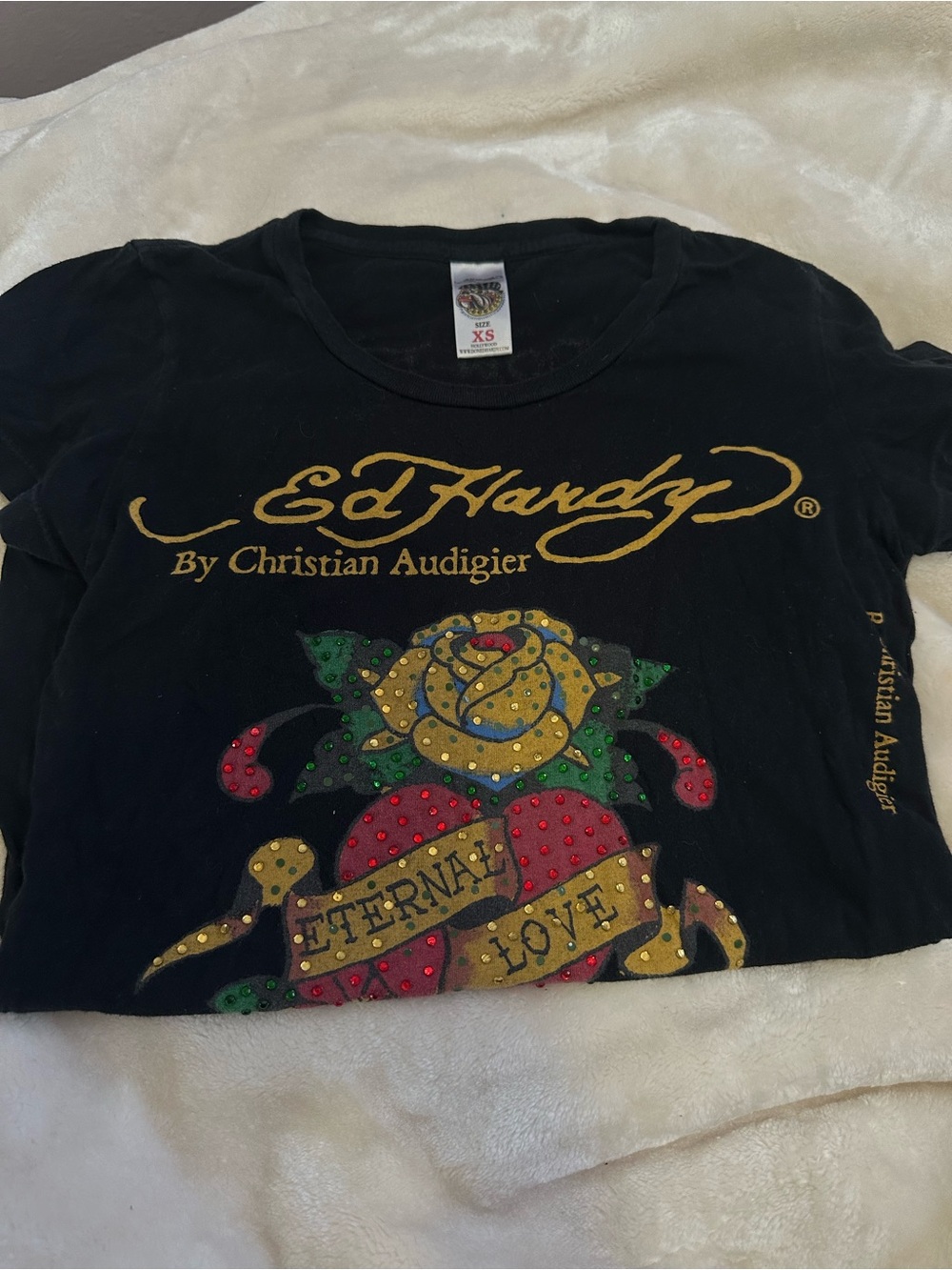 Christian Audigier Black Short-Sleeve Graphic Tee with Gold Script